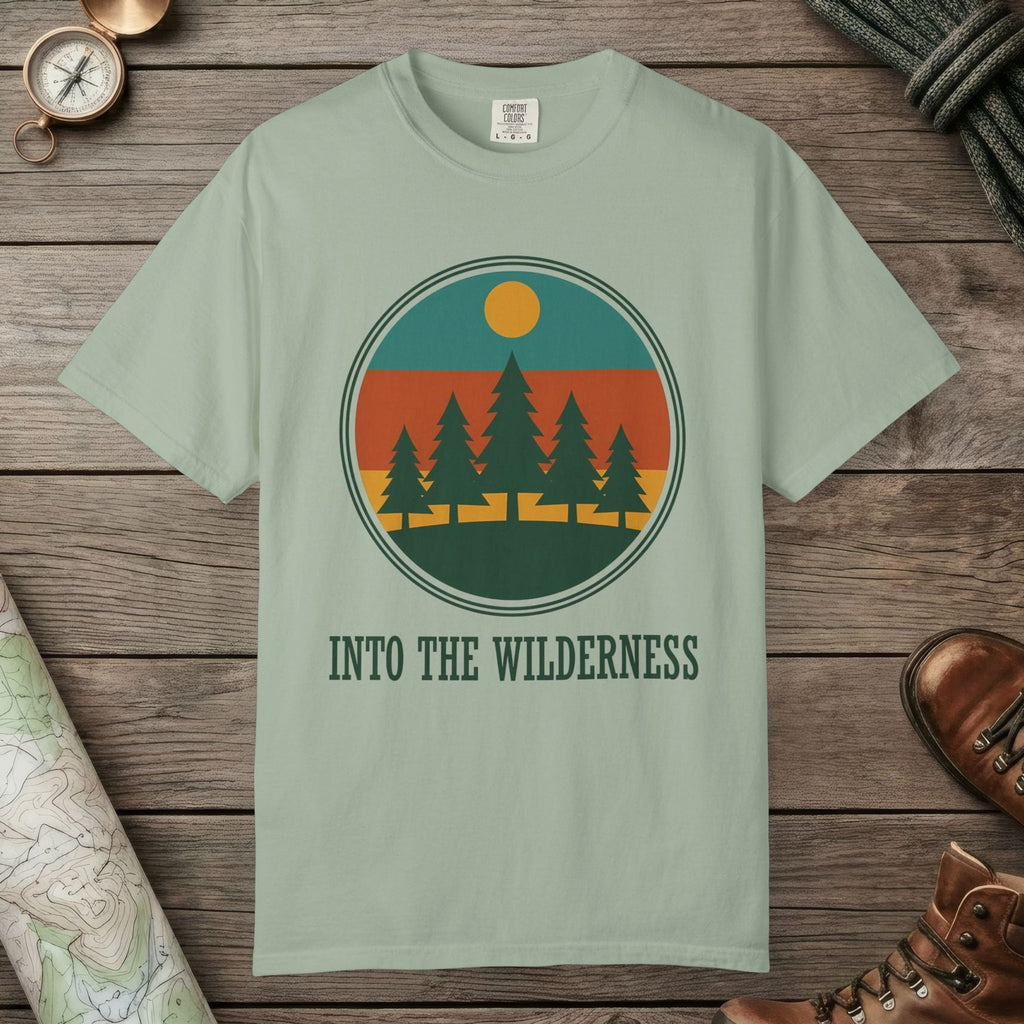 Bay color unisex graphic t-shirt with "Alpine Pine Sunset" design