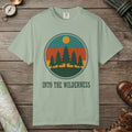 Bay color unisex graphic t-shirt with "Alpine Pine Sunset" design
