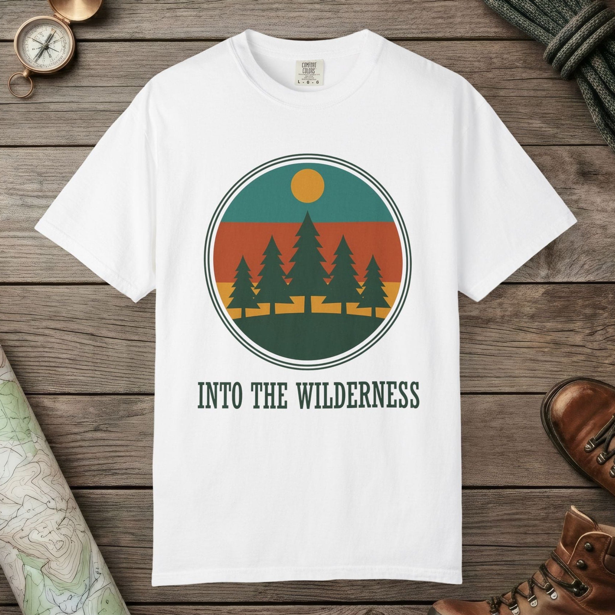 White color unisex graphic t-shirt with "Alpine Pine Sunset" design