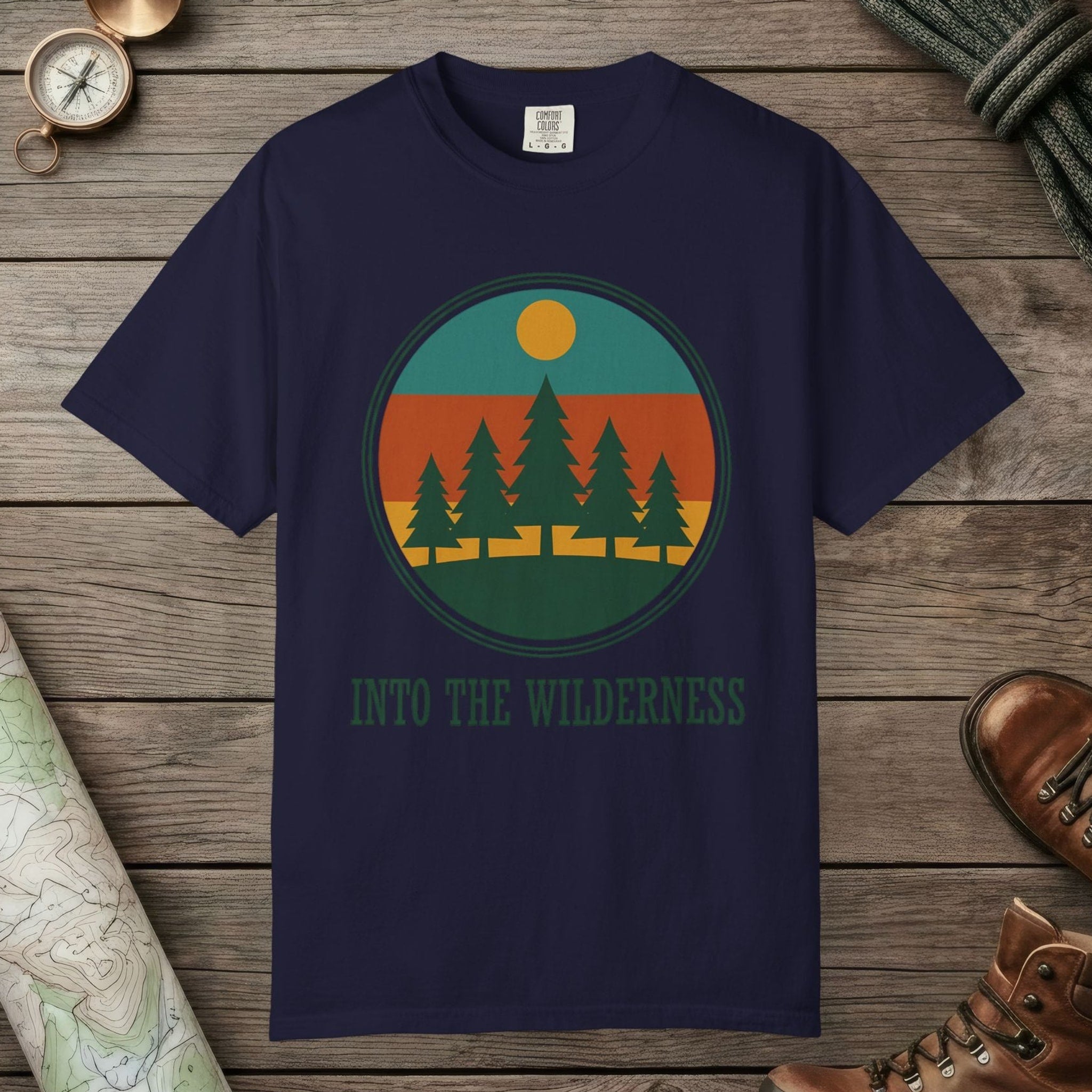True Navy color unisex graphic t-shirt with "Alpine Pine Sunset" design