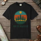 Black color unisex graphic t-shirt with "Alpine Pine Sunset" design