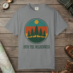 Grey color unisex graphic t-shirt with "Alpine Pine Sunset" design