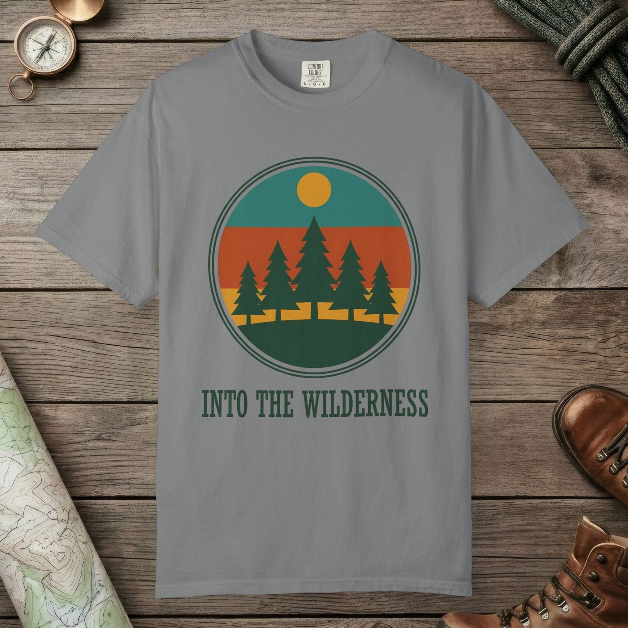 Grey color unisex graphic t-shirt with "Alpine Pine Sunset" design