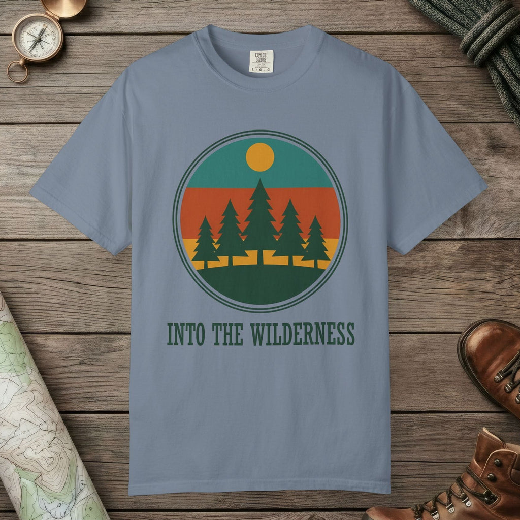 Blue Jean color unisex graphic t-shirt with "Alpine Pine Sunset" design