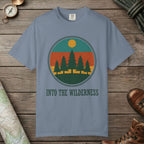 Blue Jean color unisex graphic t-shirt with "Alpine Pine Sunset" design