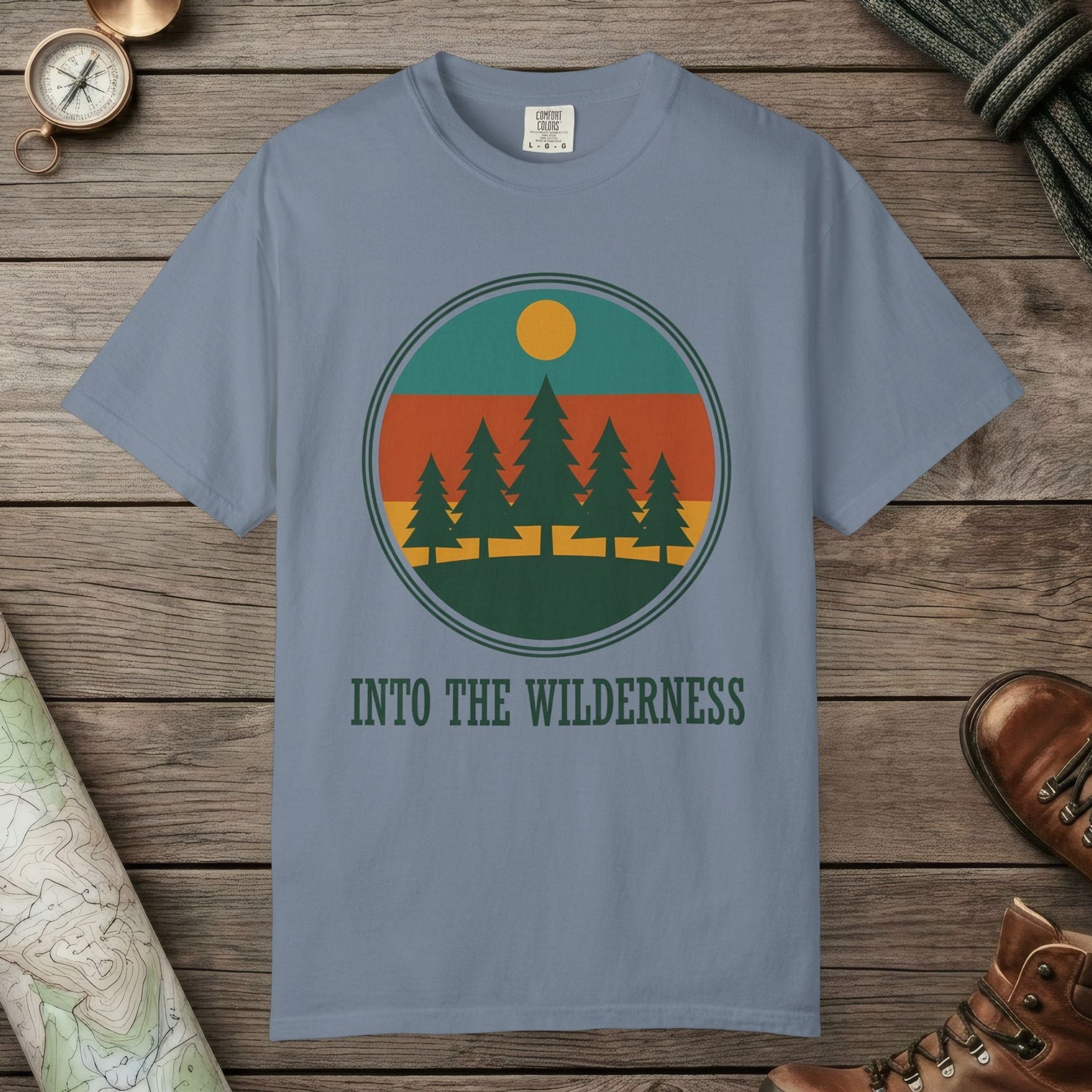 Blue Jean color unisex graphic t-shirt with "Alpine Pine Sunset" design