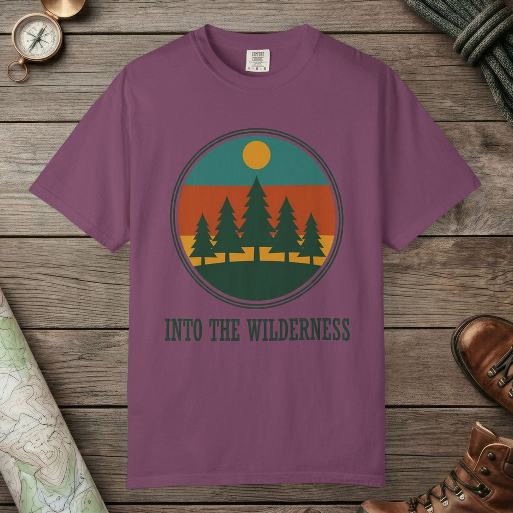 Berry color unisex graphic t-shirt with "Alpine Pine Sunset" design