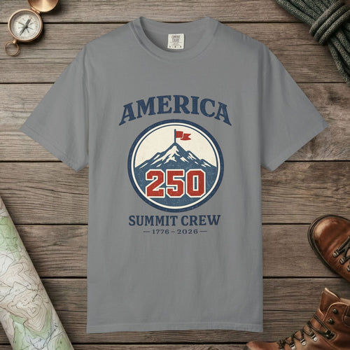 Grey color unisex graphic t-shirt with "America 250" design