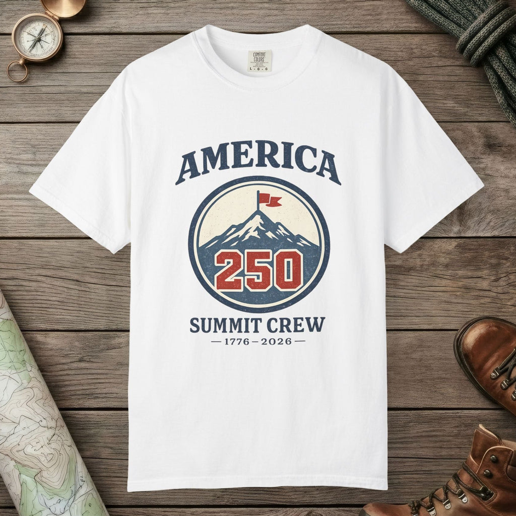 White color unisex graphic t-shirt with "America 250" design