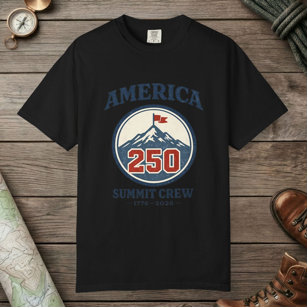 Black color unisex graphic t-shirt with "America 250" design