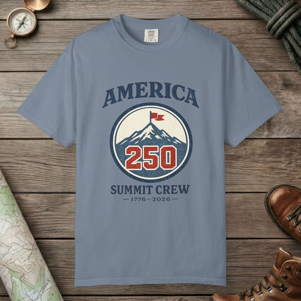 Blue Jean color unisex graphic t-shirt with "America 250" design