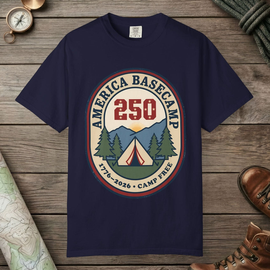 True Navy color unisex graphic t-shirt with "America Basecamp" design