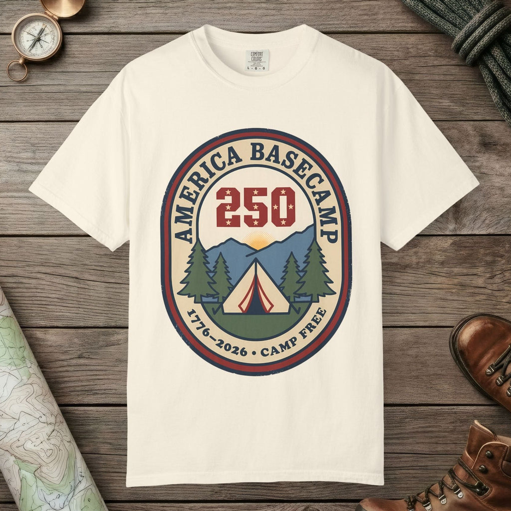 Ivory color unisex graphic t-shirt with "America Basecamp" design