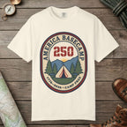 Ivory color unisex graphic t-shirt with "America Basecamp" design