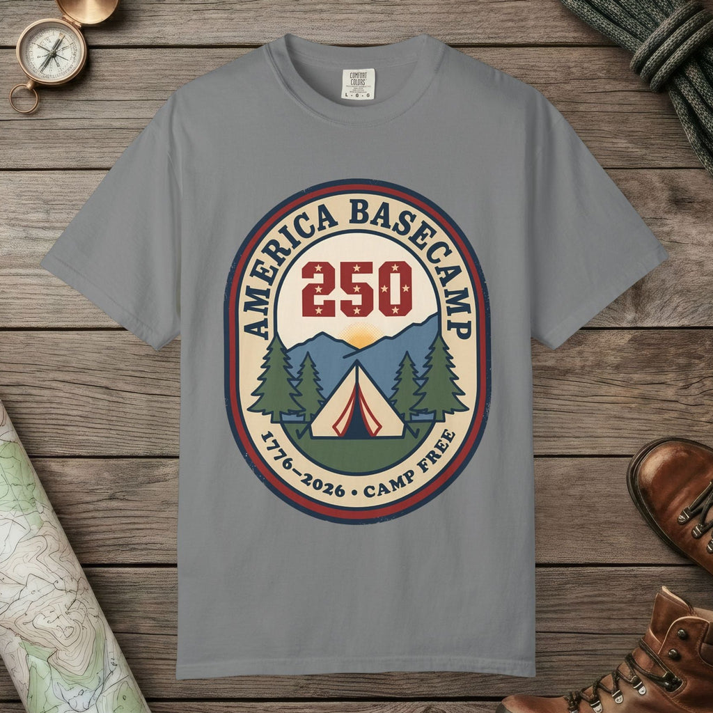 Grey color unisex graphic t-shirt with "America Basecamp" design