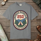 Grey color unisex graphic t-shirt with "America Basecamp" design