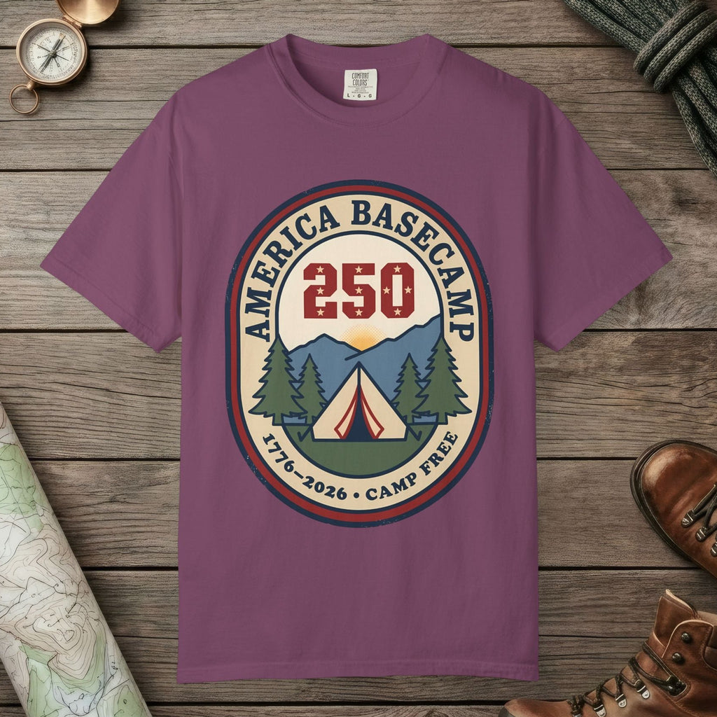 Berry color unisex graphic t-shirt with "America Basecamp" design