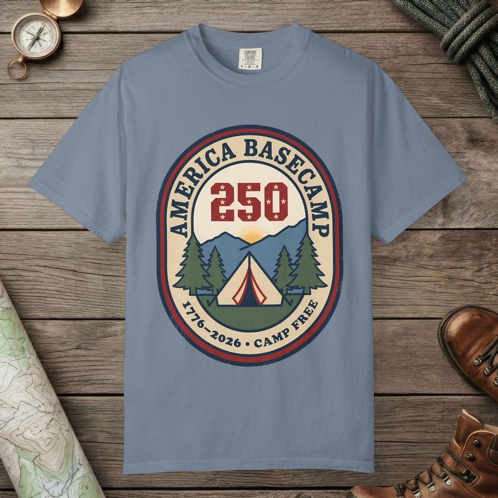 Blue Jean color unisex graphic t-shirt with "America Basecamp" design