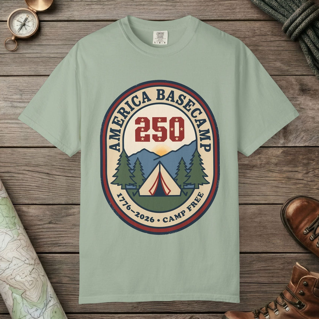 Bay color unisex graphic t-shirt with "America Basecamp" design