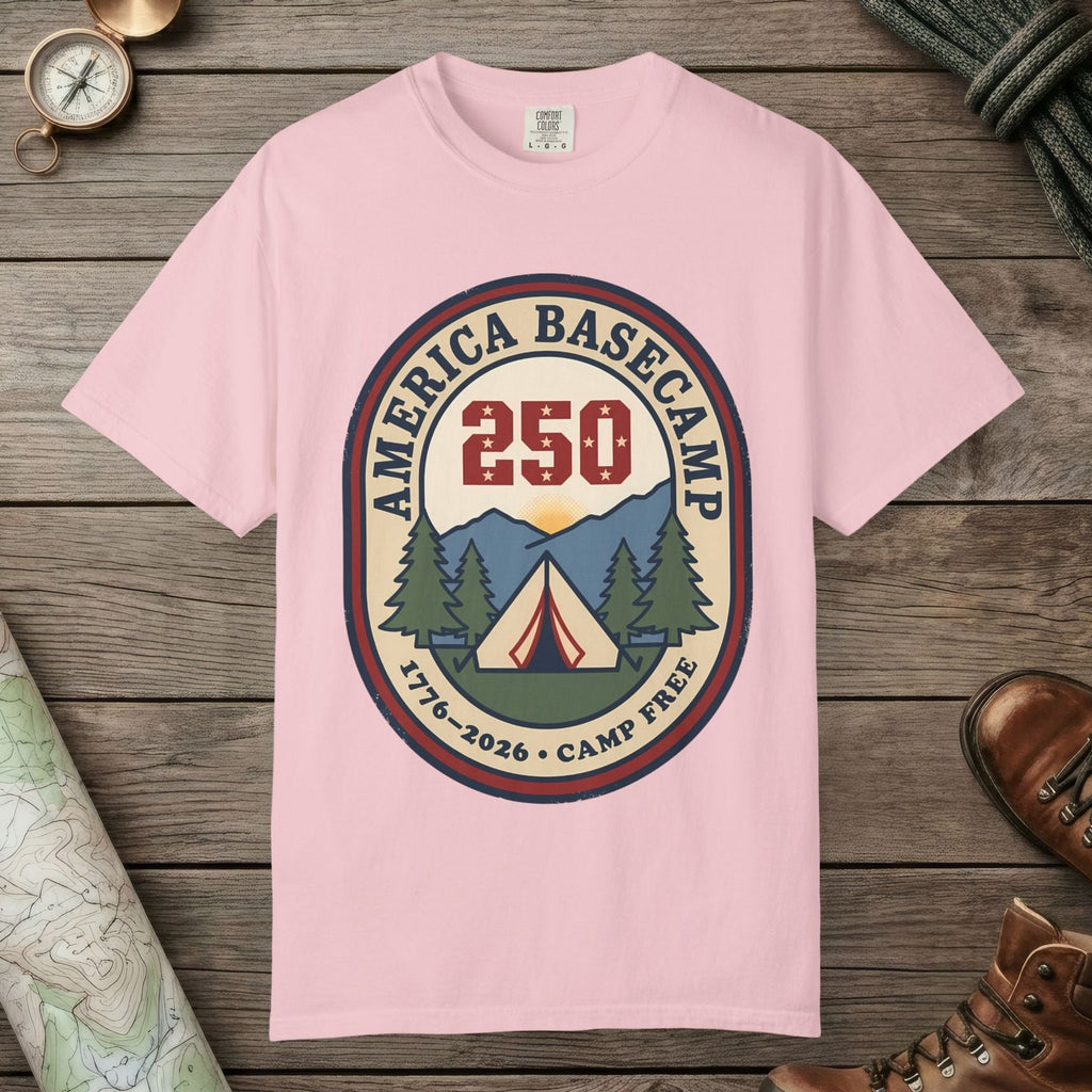 Blossom color unisex graphic t-shirt with "America Basecamp" design