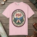 Blossom color unisex graphic t-shirt with "America Basecamp" design