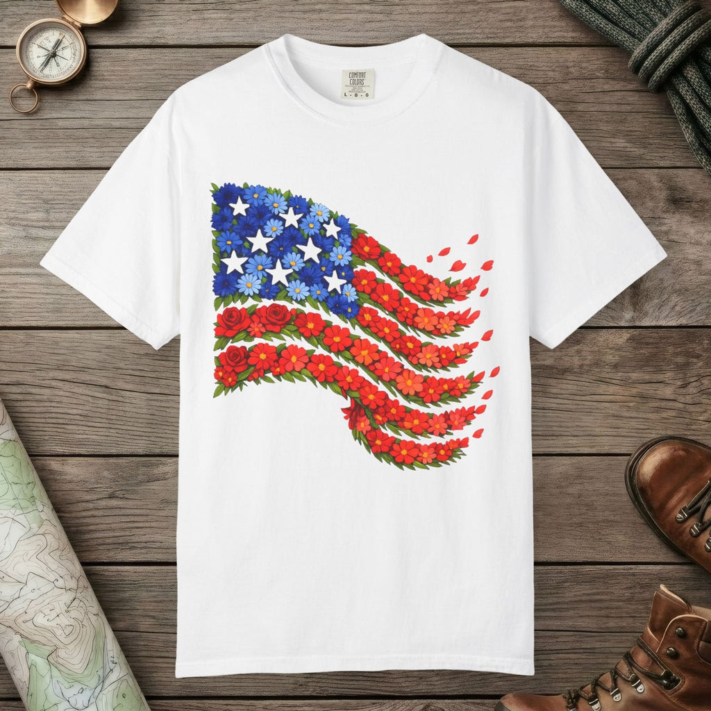 White color unisex graphic t-shirt with "American Flag Flower" design