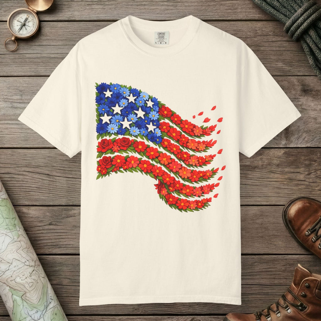Ivory color unisex graphic t-shirt with "American Flag Flower" design