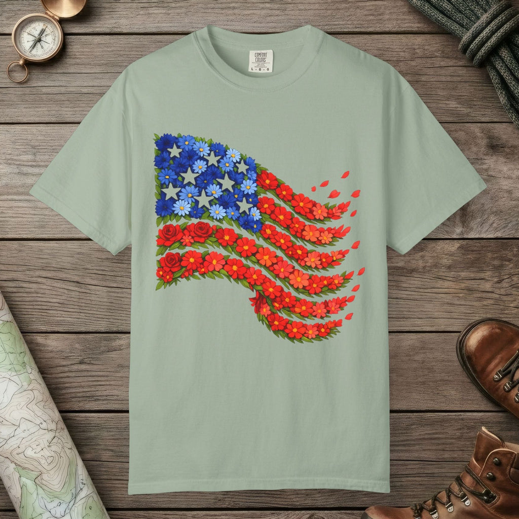 Bay color unisex graphic t-shirt with "American Flag Flower" design