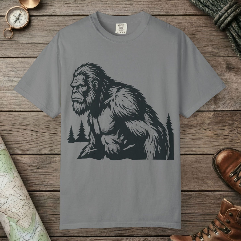 Grey color unisex graphic t-shirt with "Angry Sasquatch" design