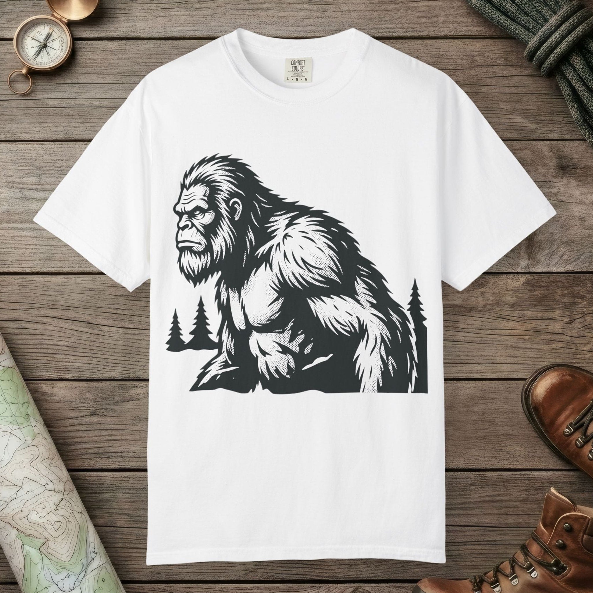White color unisex graphic t-shirt with "Angry Sasquatch" design