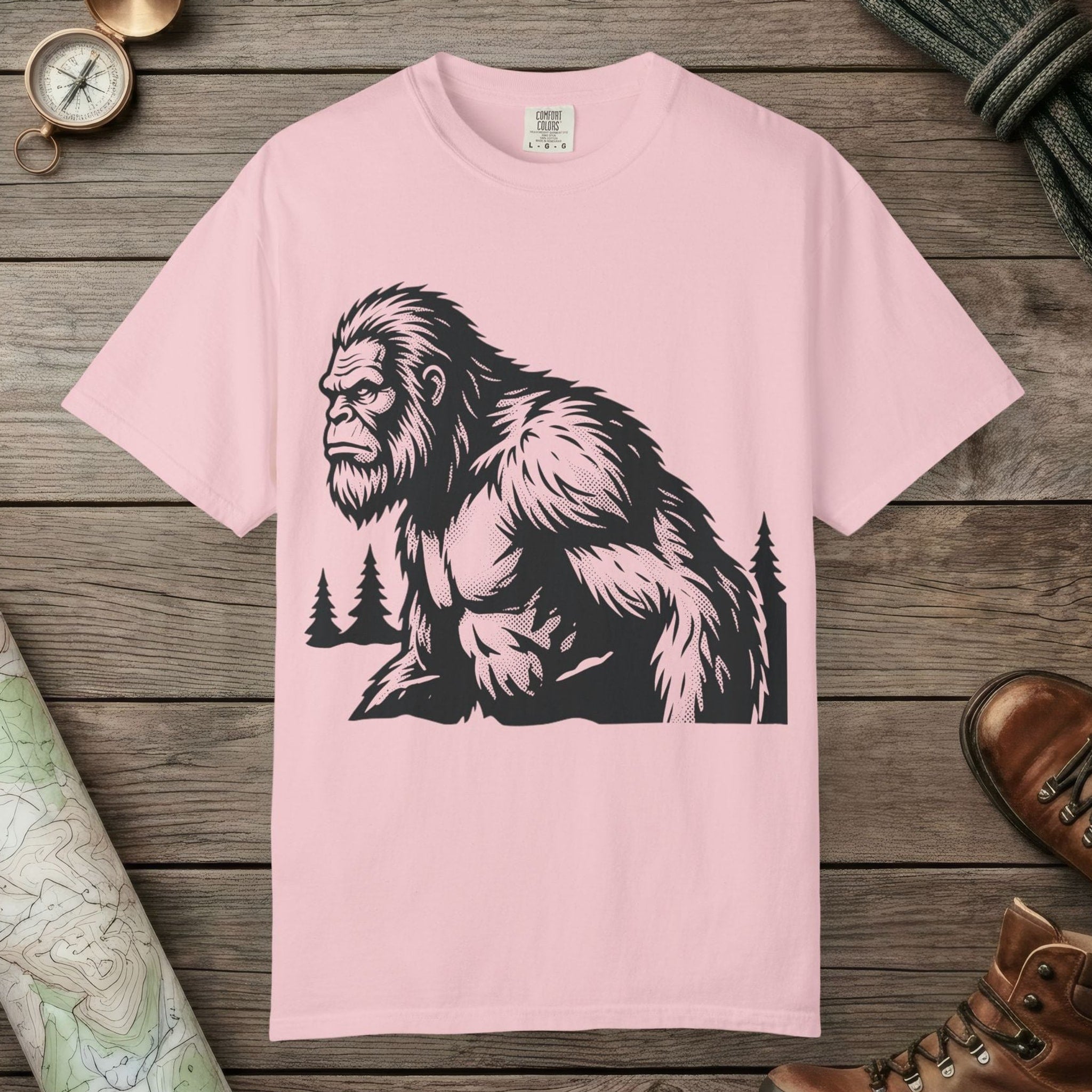 Blossom color unisex graphic t-shirt with "Angry Sasquatch" design