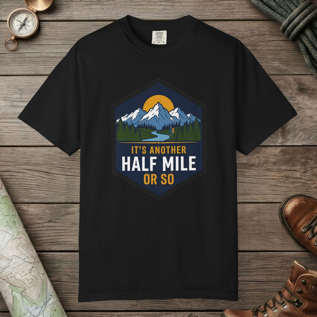Black color unisex graphic t-shirt with "Another Half Mile" design