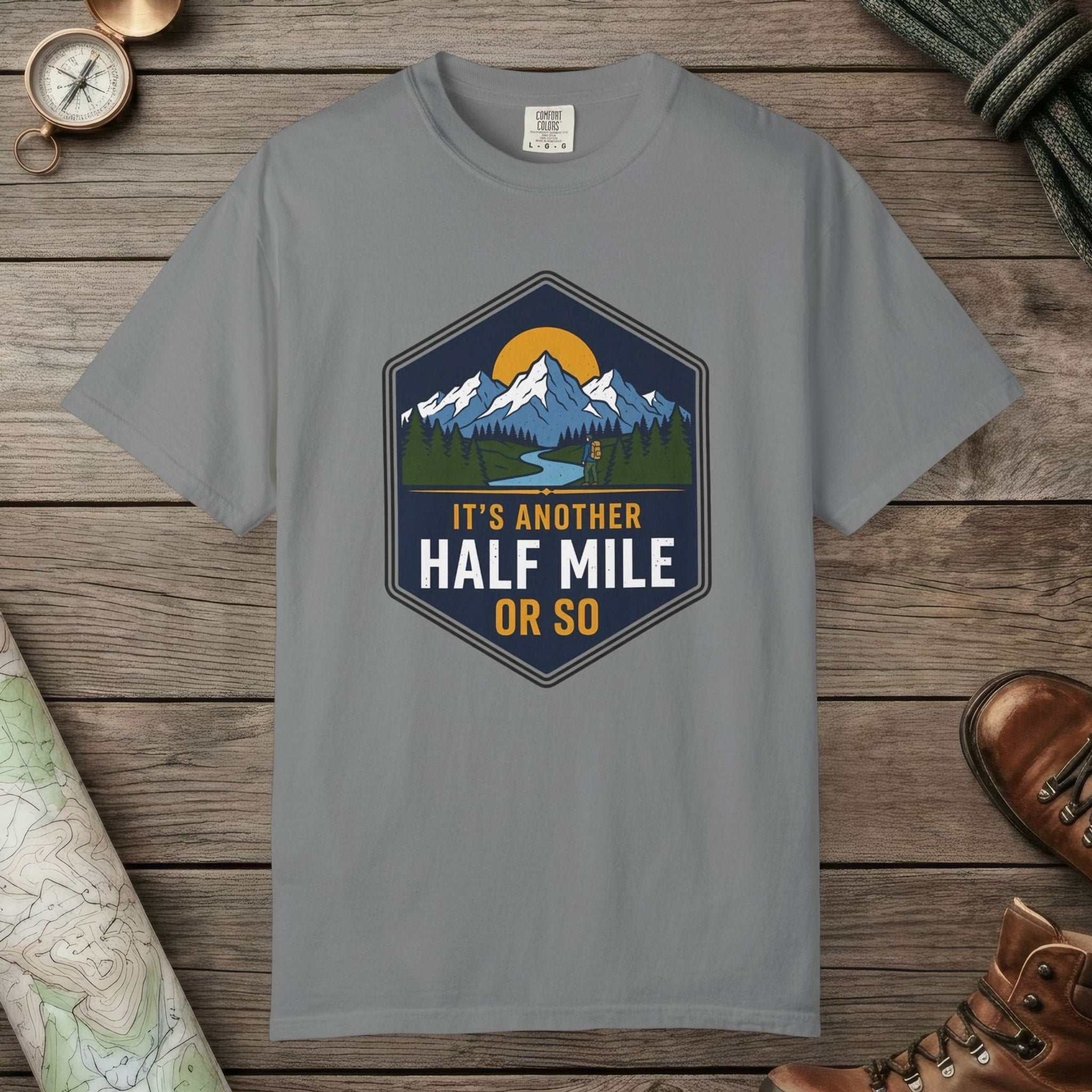 Grey color unisex graphic t-shirt with "Another Half Mile" design