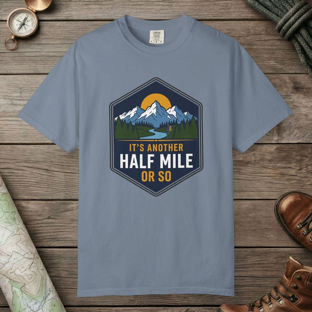 Blue Jean color unisex graphic t-shirt with "Another Half Mile" design