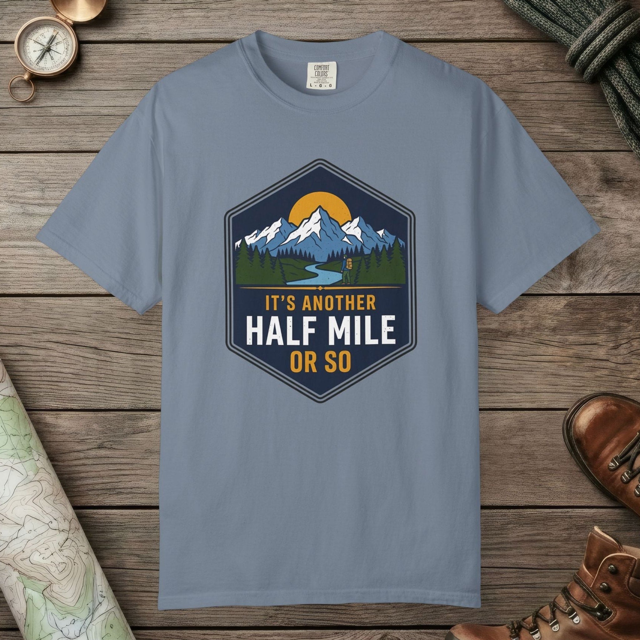 Blue Jean color unisex graphic t-shirt with "Another Half Mile" design