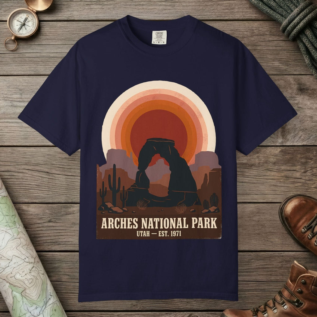 unisex graphic t-shirt with "Arches National Park Retro Sunset" design