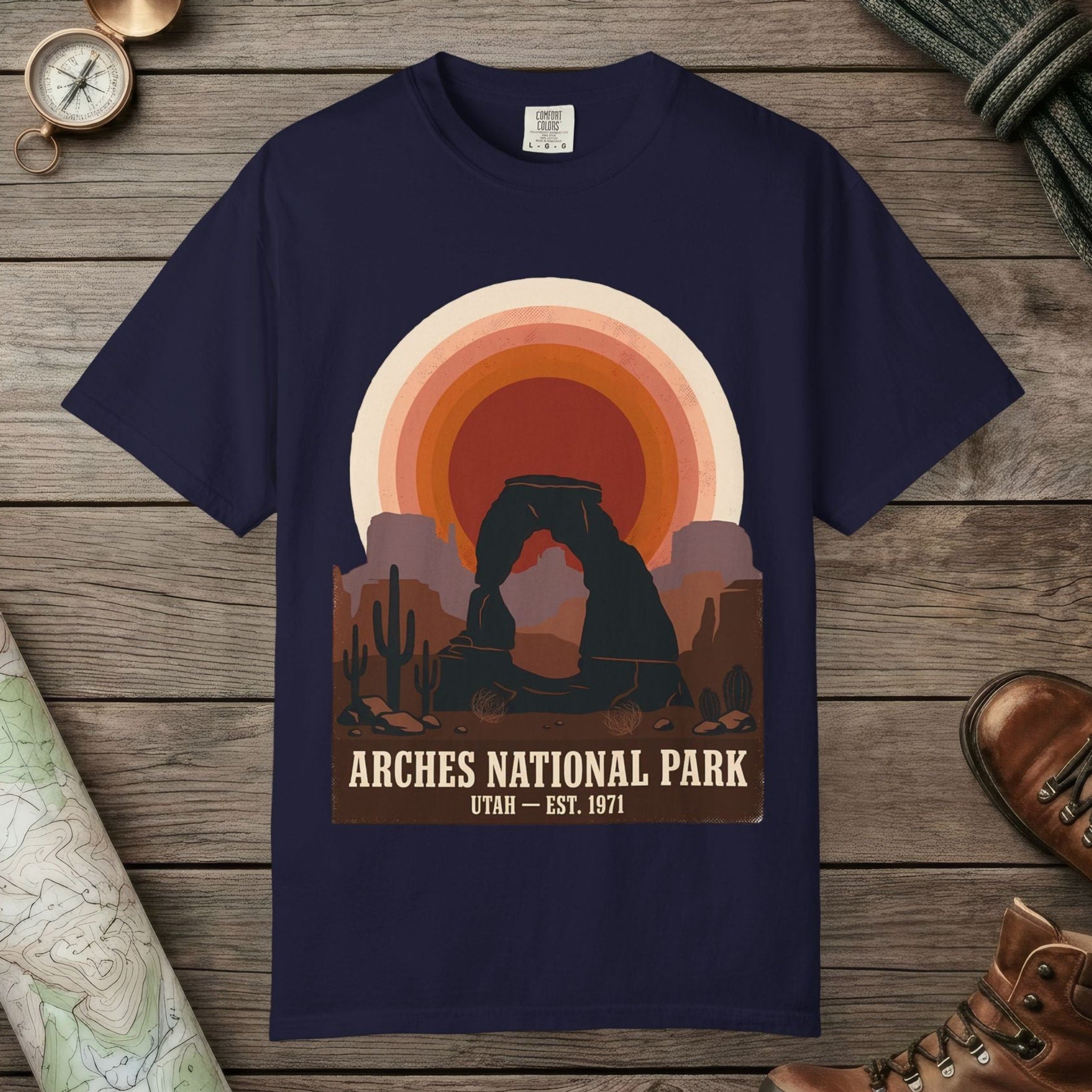 unisex graphic t-shirt with "Arches National Park Retro Sunset" design