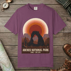 Berry color unisex graphic t-shirt with "Arches National Park Retro Sunset" design