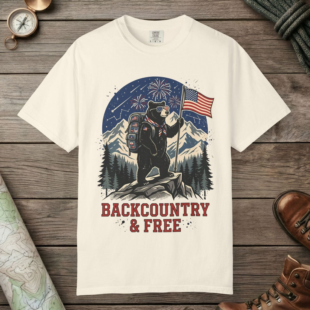 Ivory color unisex graphic t-shirt with "Backcountry And Free" design