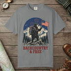 Grey color unisex graphic t-shirt with "Backcountry And Free" design