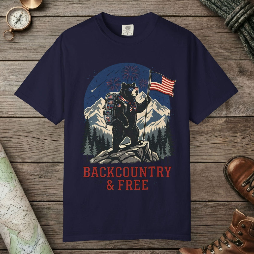 True Navy color unisex graphic t-shirt with "Backcountry And Free" design