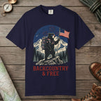 True Navy color unisex graphic t-shirt with "Backcountry And Free" design