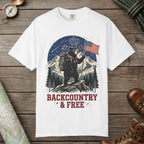 White color unisex graphic t-shirt with "Backcountry And Free" design