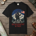 Black color unisex graphic t-shirt with "Backcountry And Free" design