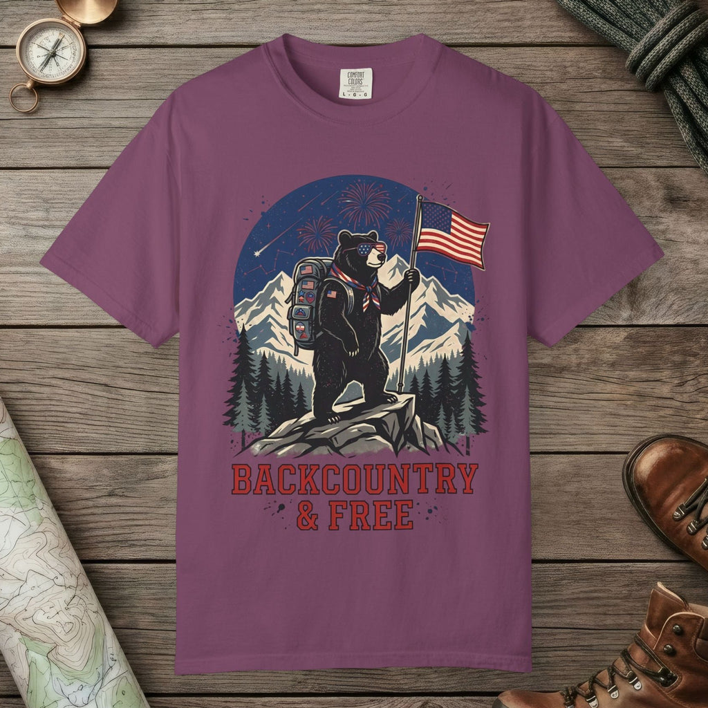 Berry color unisex graphic t-shirt with "Backcountry And Free" design