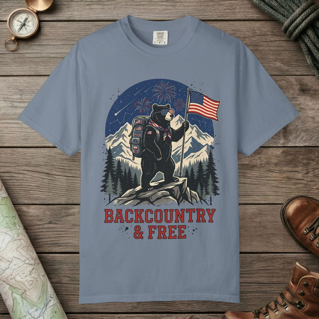 Blue Jean color unisex graphic t-shirt with "Backcountry And Free" design