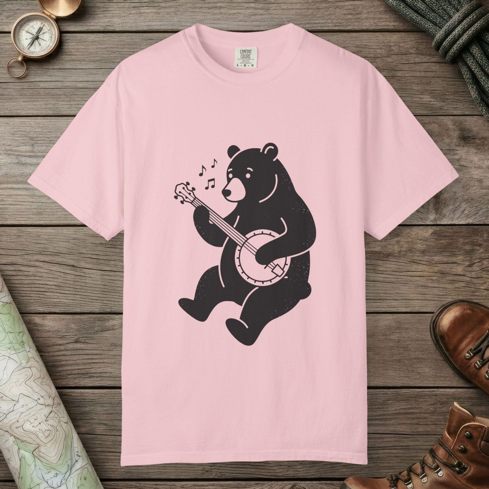 Blossom color unisex graphic t-shirt with "Banjo Bear" design