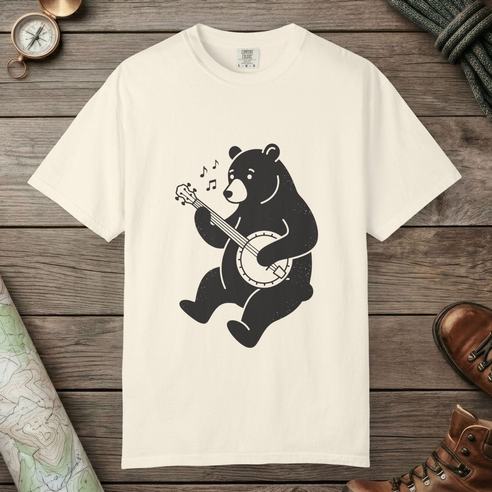 Ivory color unisex graphic t-shirt with "Banjo Bear" design