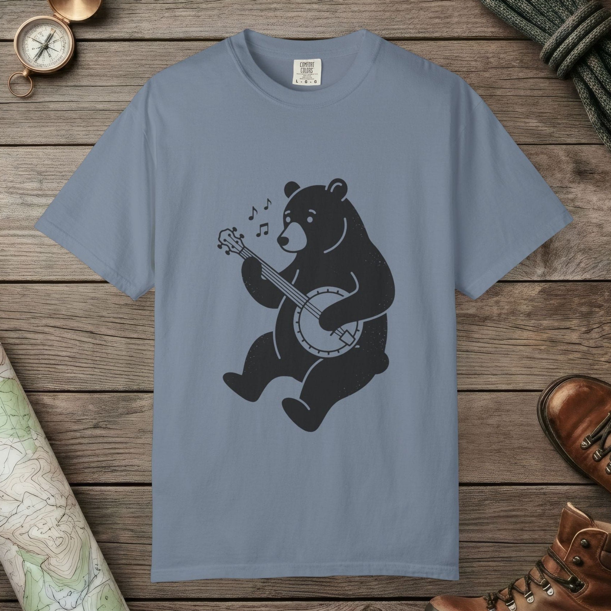 Blue Jean color unisex graphic t-shirt with "Banjo Bear" design