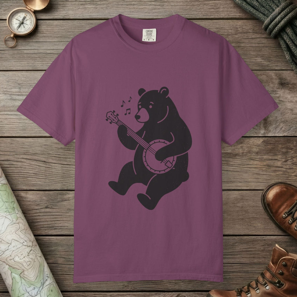 Berry color unisex graphic t-shirt with "Banjo Bear" design
